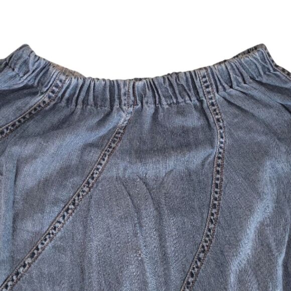 VTG 90s Blue Denim Patch Pull On Full Midi Jean Skirt  *Fits like Medium - Picture 4 of 12